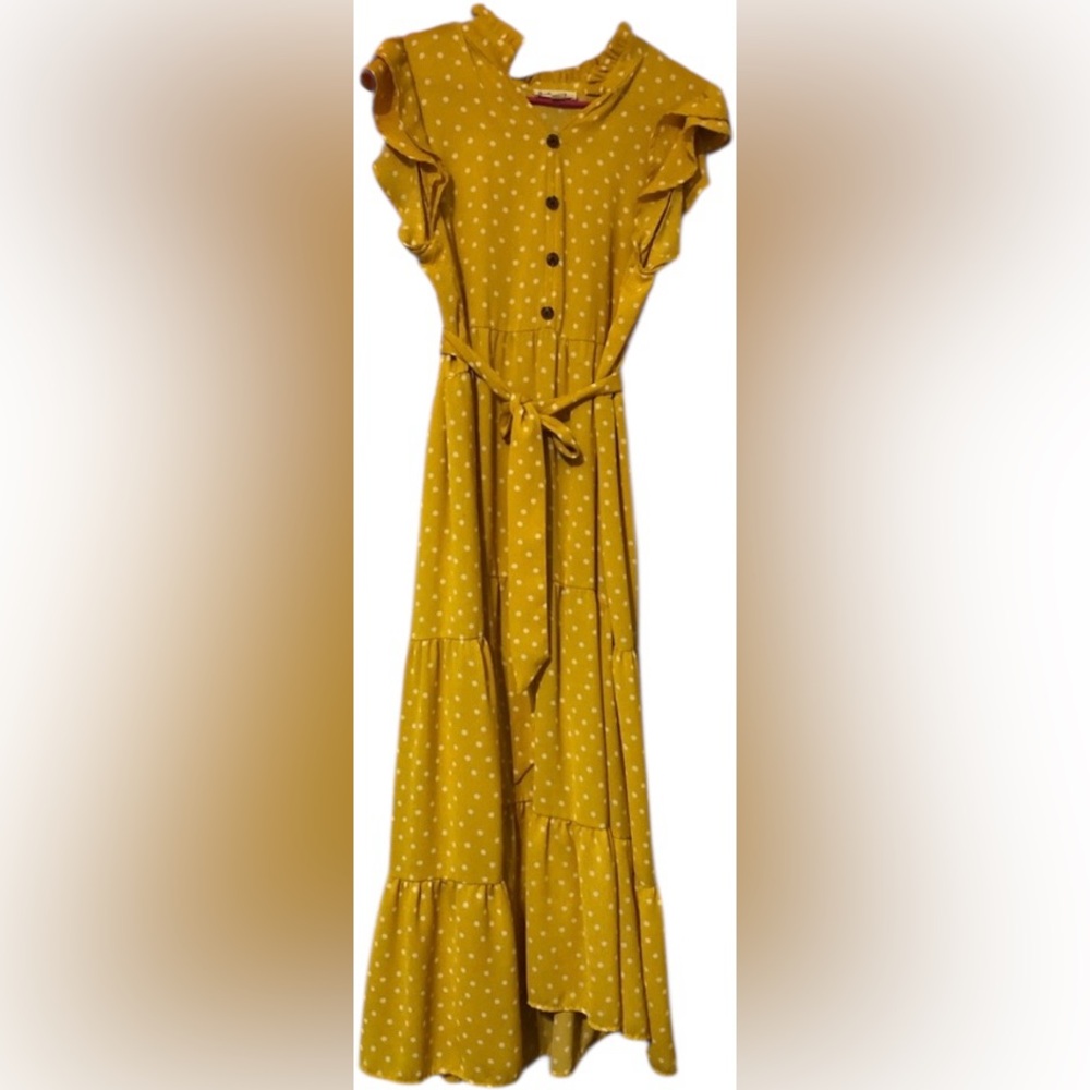 Mustard polka dot ruffle hem fit and flare dress